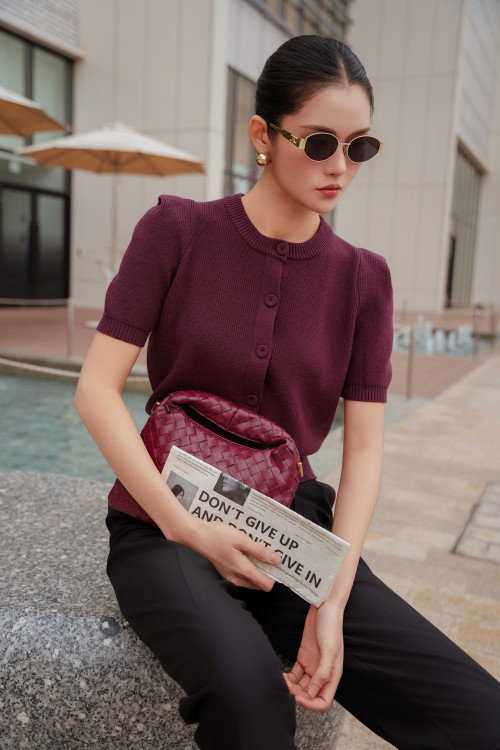 Sixdo Dark Red Short Sleeves Wool Blouse